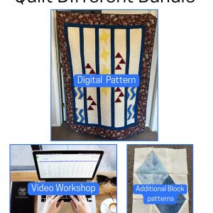 Fast track sampler quilt, coputer showing video workshop and additional quilt blocks in the Quilt Different Bundle.
